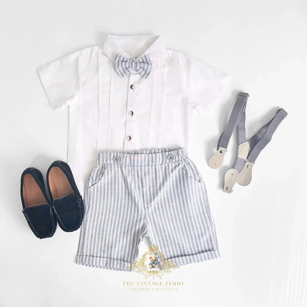 NWT Handsome Boys Oxford Button Down Shirt Shorts & Bow Tie Matching Set 18-24M